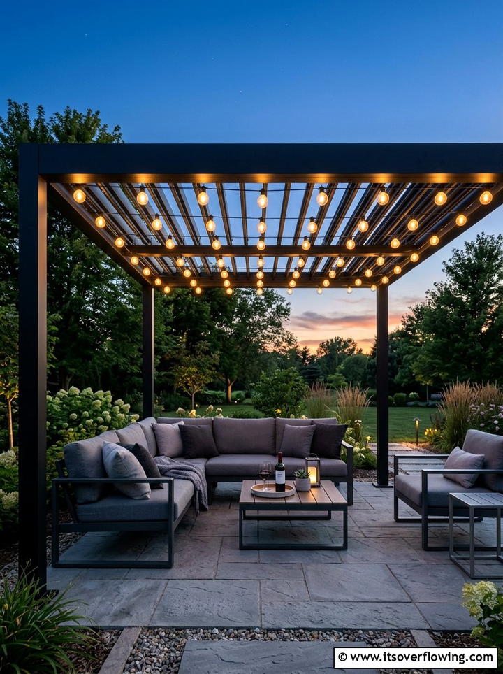 Modern Black Metal Pergola Lighting - 25 backyard decorating ideas with pergola string lights