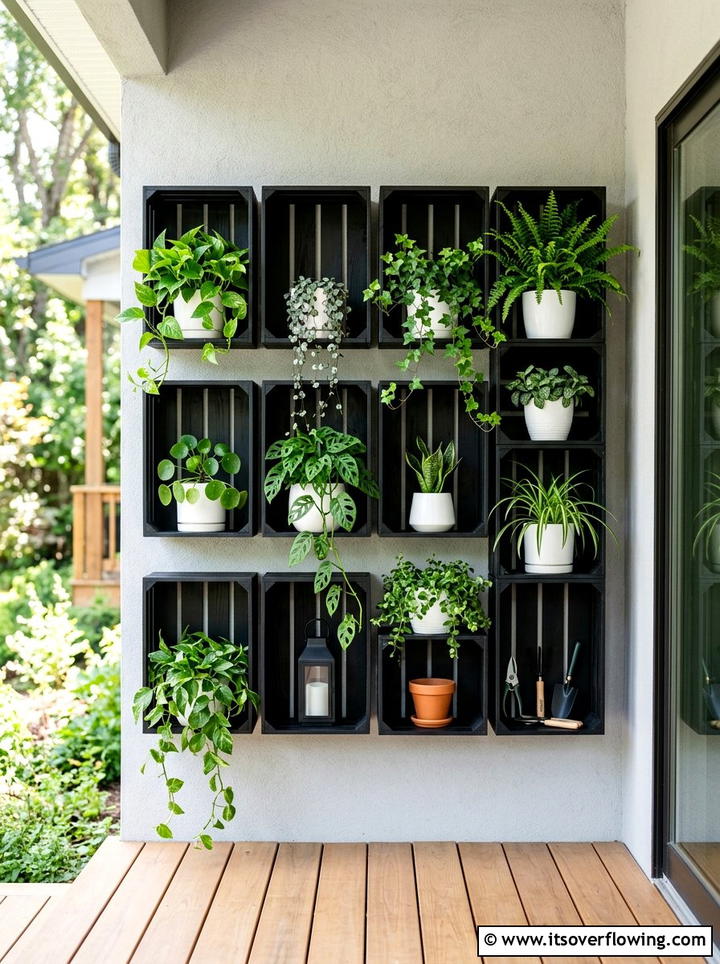 Modern Black Painted Crate Shelf - 25 front porch ideas with crate decor