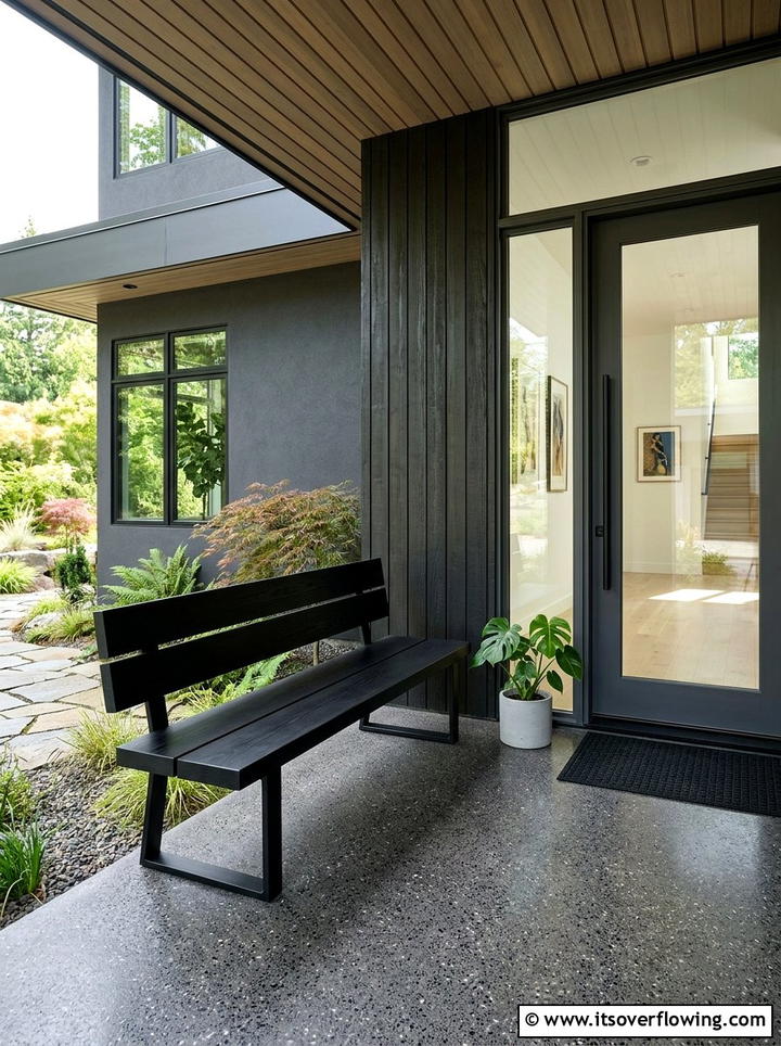Modern Black Wood Bench - 25 front porch ideas with storage bench