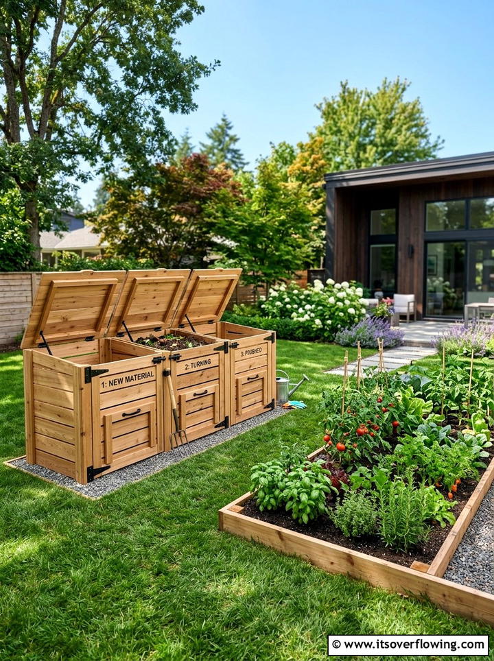 Modern Cedar Three Bin System - 25 creative garden ideas with composting stations