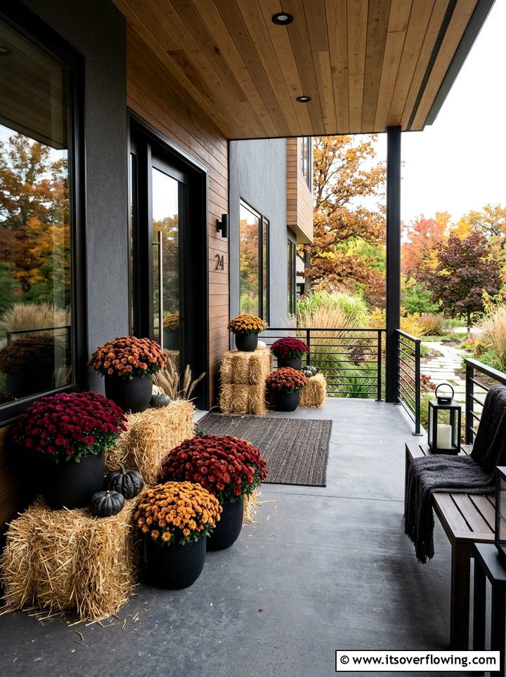 Modern Fall Porch With Mums - 25 front porch decor ideas with mums and hay bales
