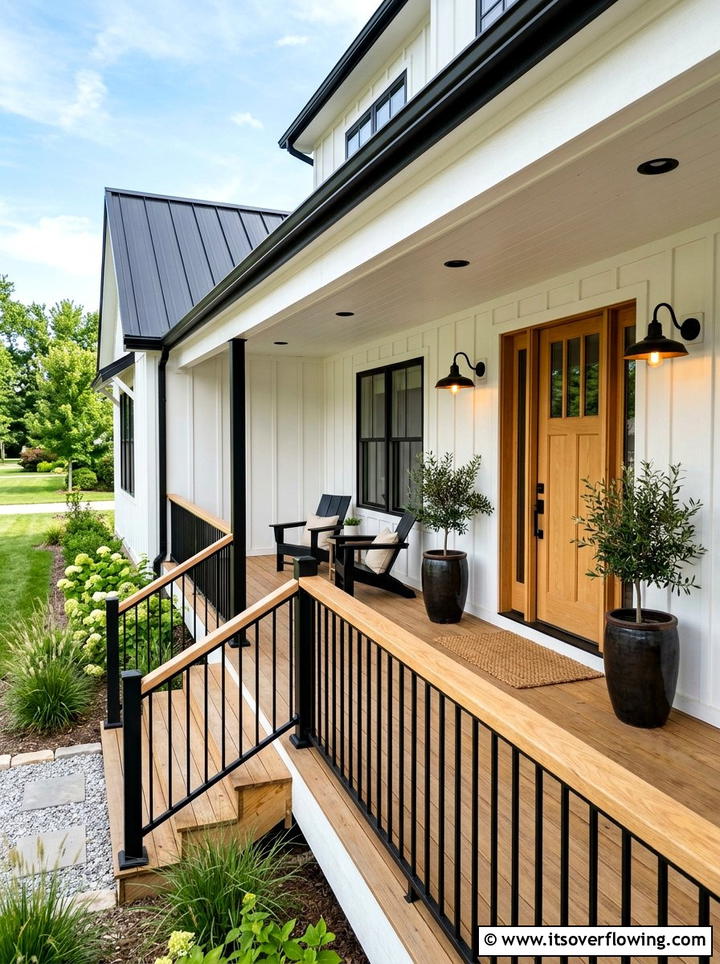 Modern Farmhouse Black And Wood Railing - 25 front porch ideas with railings