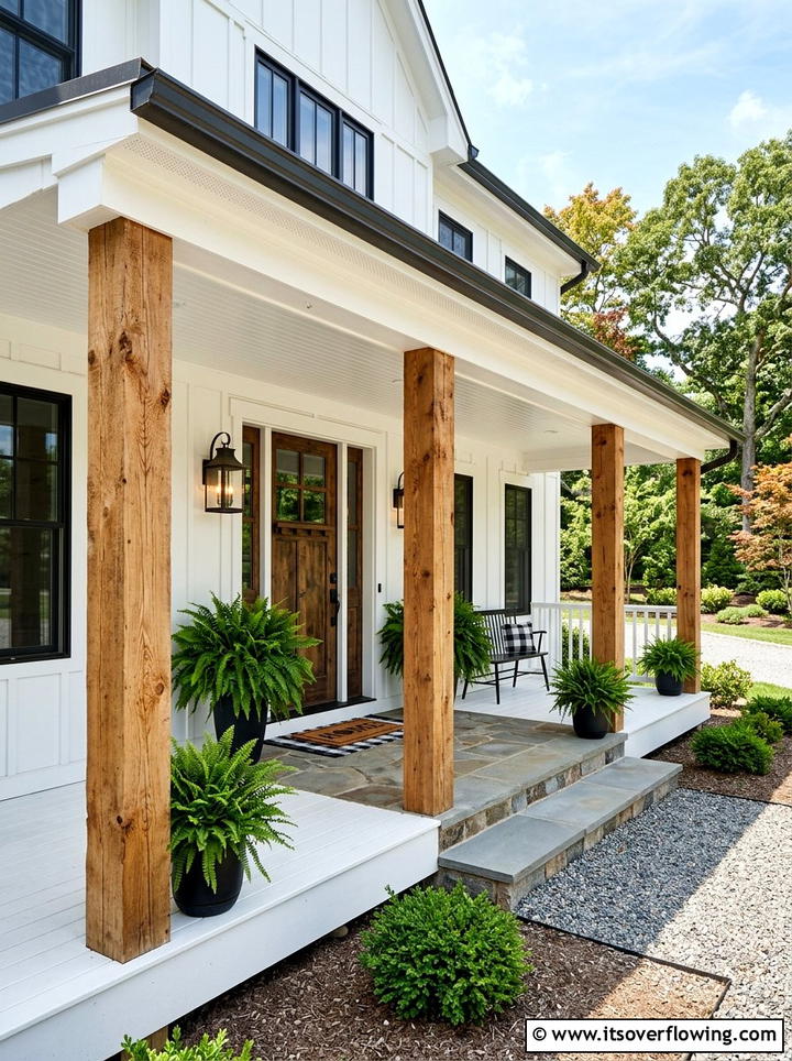 Modern Farmhouse Wood Columns - 25 front porch ideas with wood accents