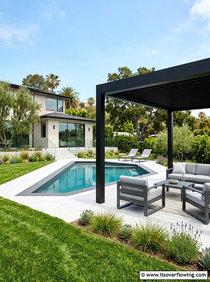 Modern Geometric Pool With Black Pergola - 25 backyard ideas with pool and pergola