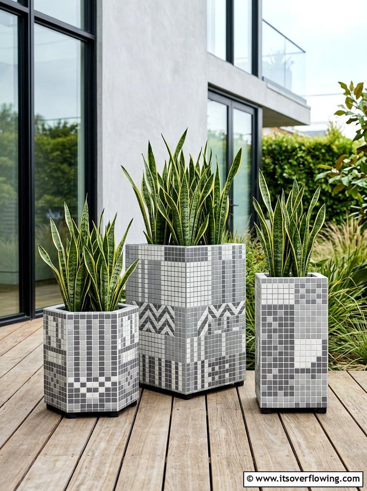 Modern Geometric Tile Pots - 25 creative garden ideas with mosaic planters