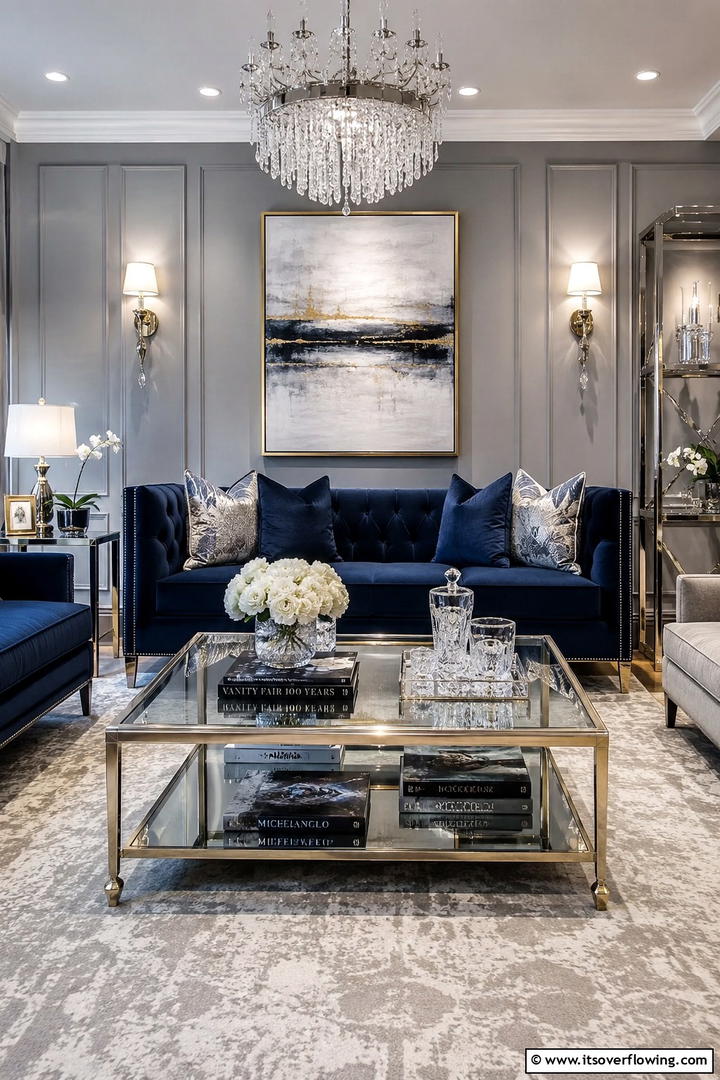 Modern Glamour in Navy Blue Accents - 30 Navy Blue and Grey Living Room Ideas for Sophisticated Style