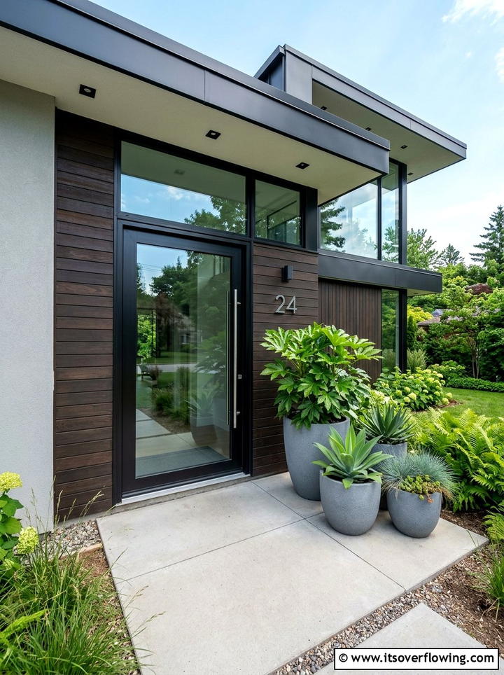 Modern Glass Door With Minimalist Pots - 25 front porch decor ideas with asymmetrical layout