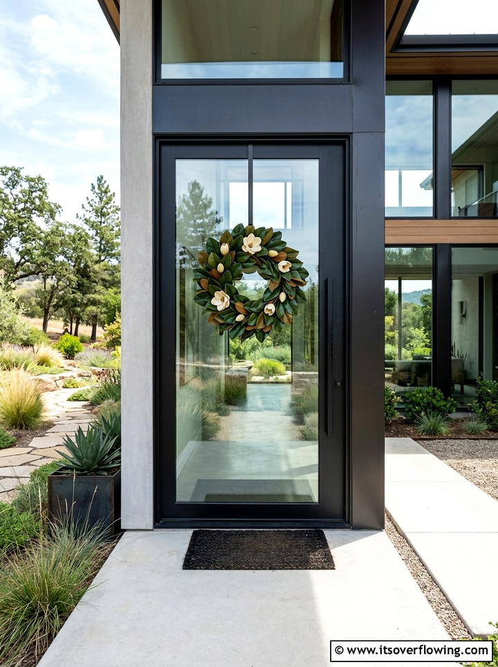 Modern Glass Front Door - 25 front porch decor ideas with magnolia wreath
