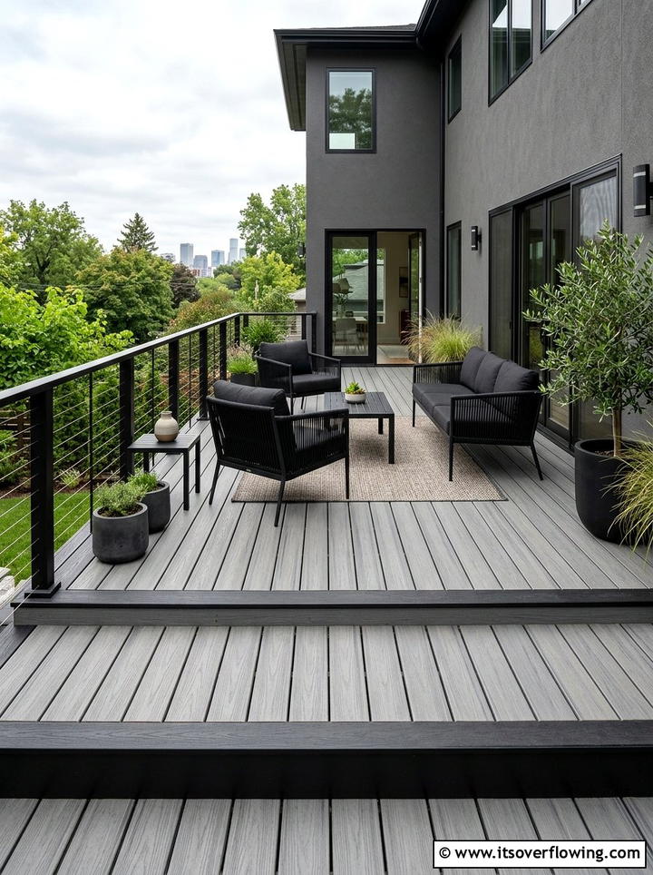 Modern Gray Deck With Black Trim - 25 backyard ideas with deck