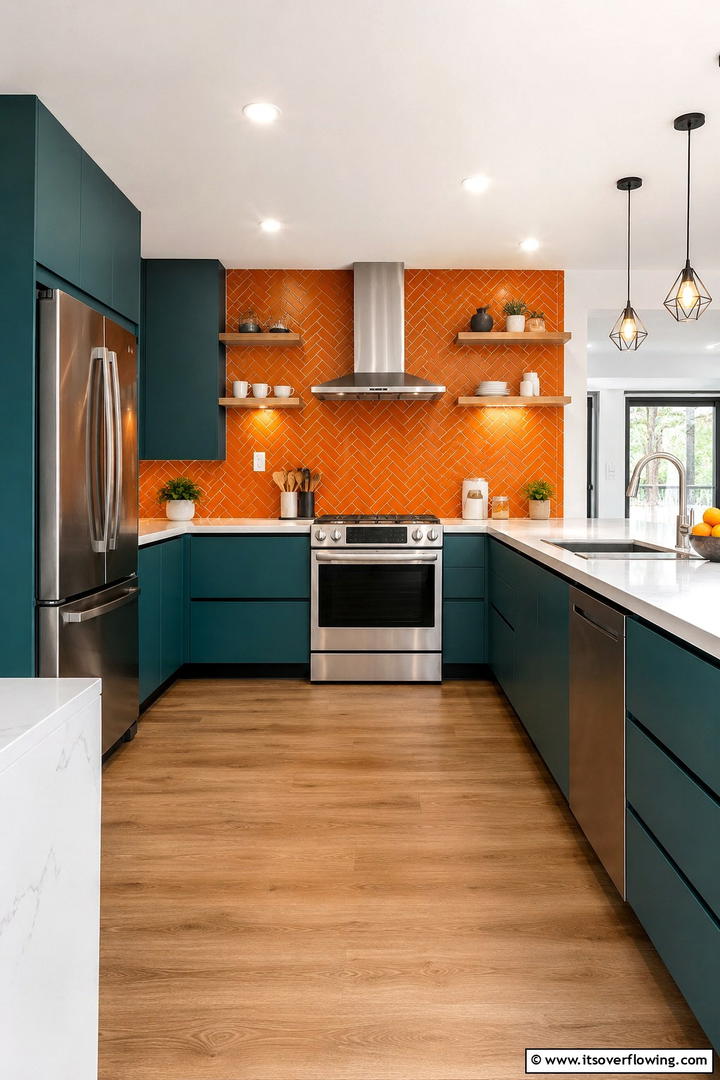 Modern Kitchen with Teal Cabinets and Orange Backsplash - 30 Teal & Orange Room Color Schemes for Vibrant Home Decor