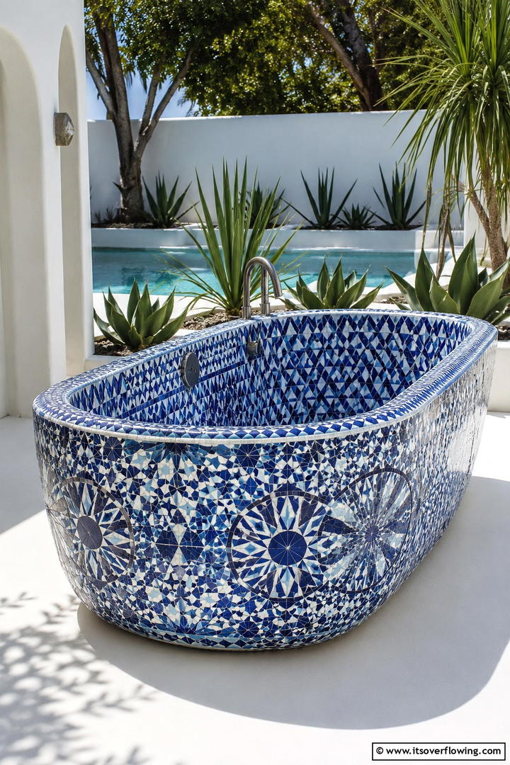 Modern Mosaic Masterpiece - 30 Serene Outdoor Bathtub Ideas for a Backyard Oasis