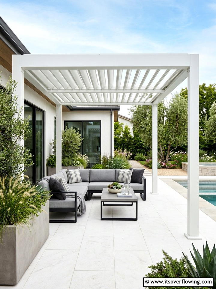 Modern White Pergola - 25 backyard decorating ideas with pergola decor