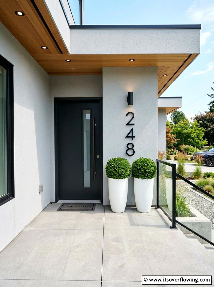 Modern White Planters With Large Address Numbers - 25 front porch decor ideas with asymmetrical layout