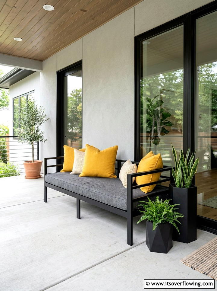 Modern black bench - 25 front porch decor ideas with cushions