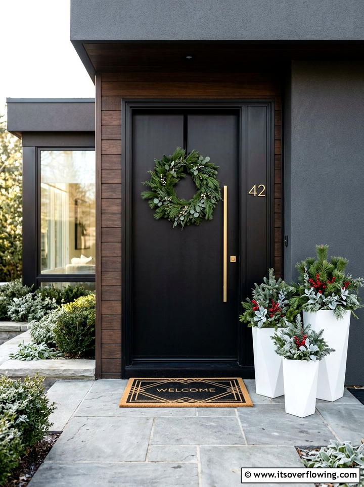 Modern black front door decor - 25 front porch ideas with holiday doormat