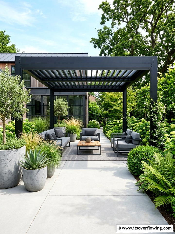 Modern black metal pergola - 25 garden ideas with pergola