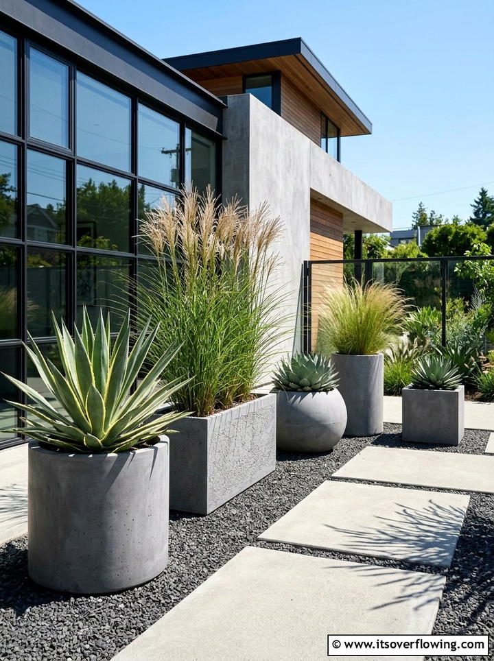 Modern concrete pot layout - 25 garden design ideas with pot displays