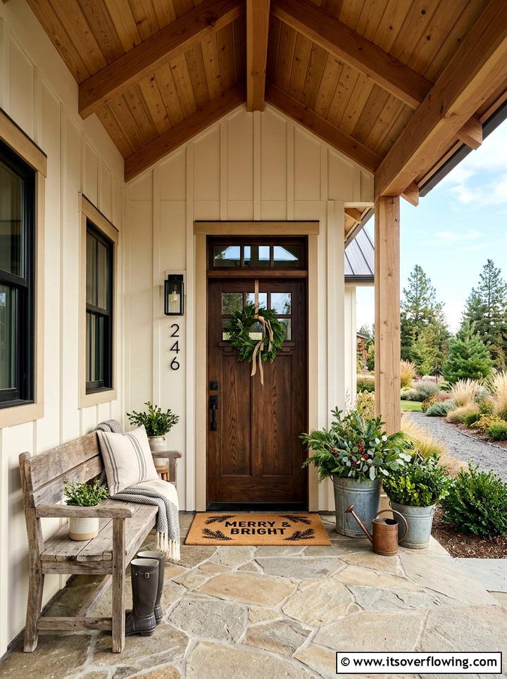 Modern farmhouse entry look - 25 front porch ideas with holiday doormat