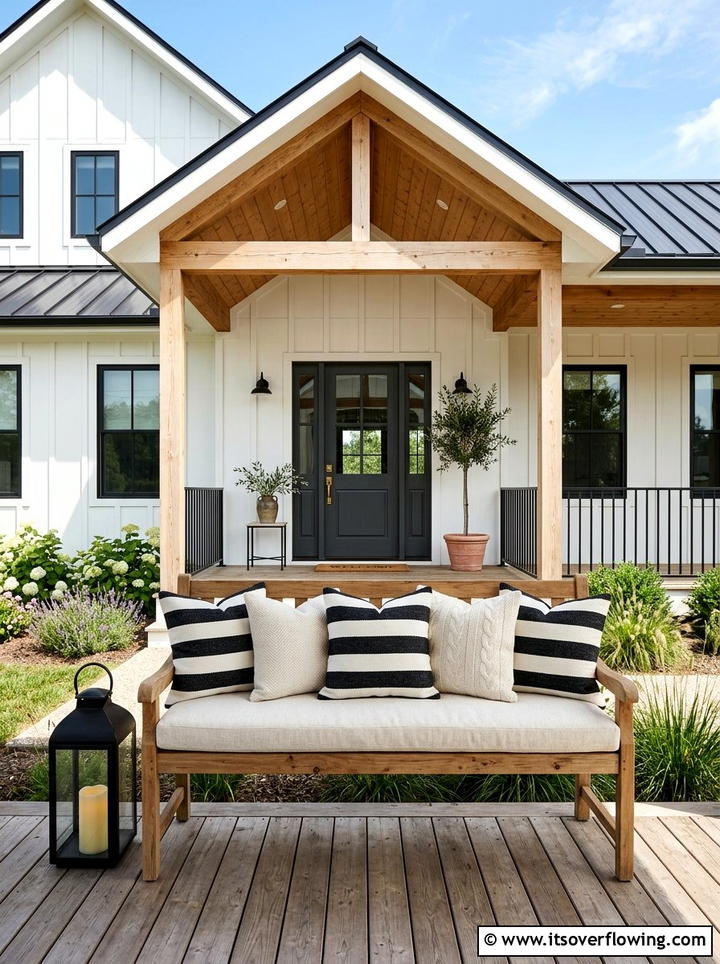 Modern farmhouse front porch pillow setup - 25 front porch decor ideas with pillows