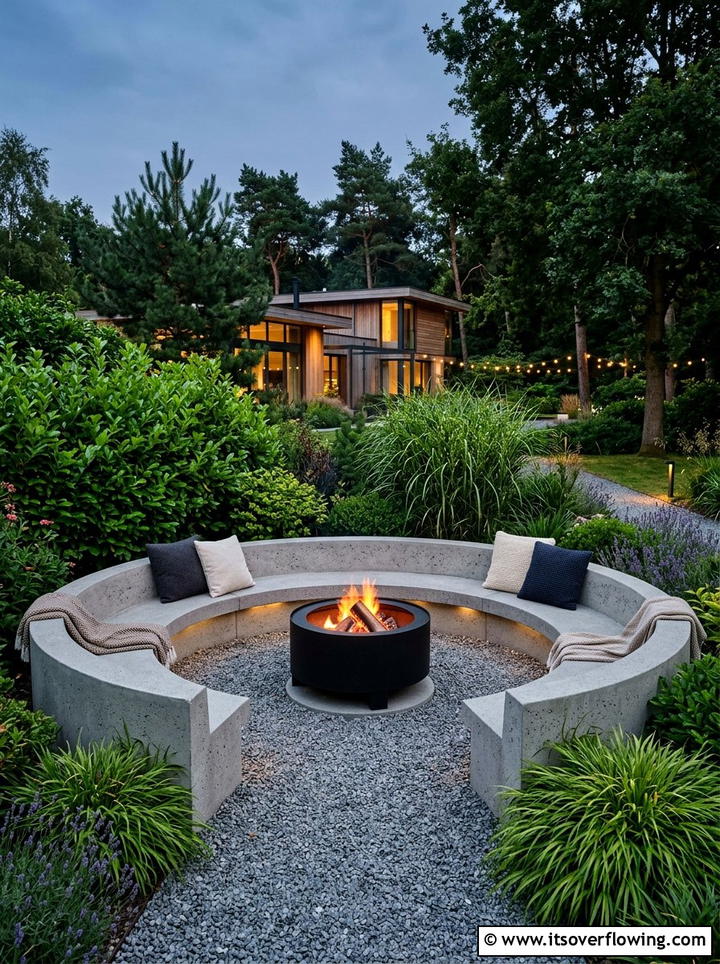 Modern fire pit concrete seating - 25 backyard ideas with concrete bench