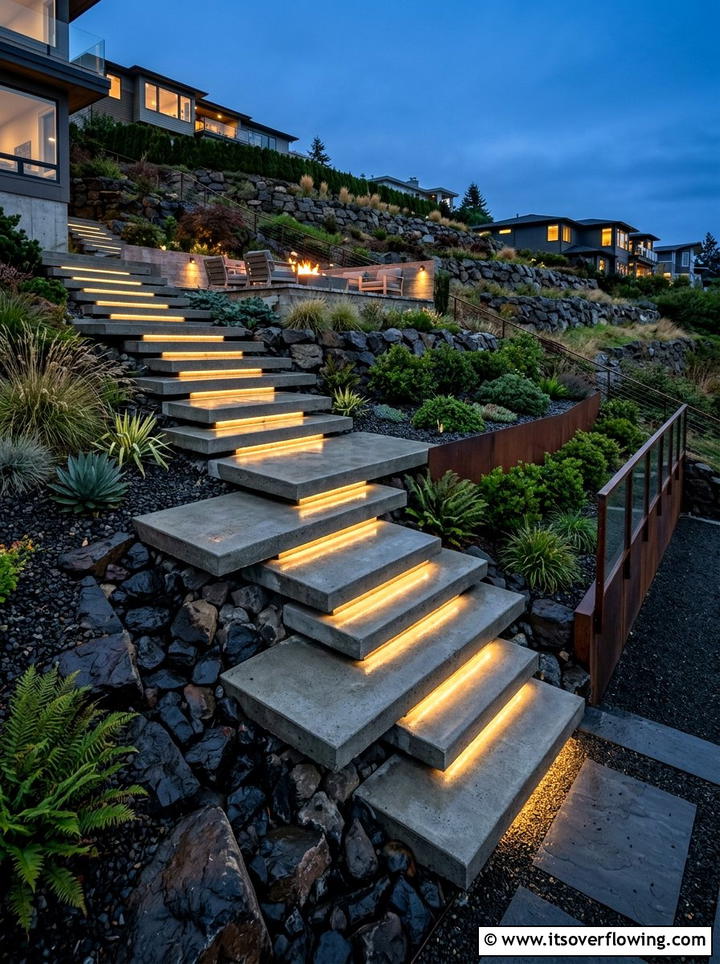 Modern floating concrete step - 25 backyard ideas with pathways