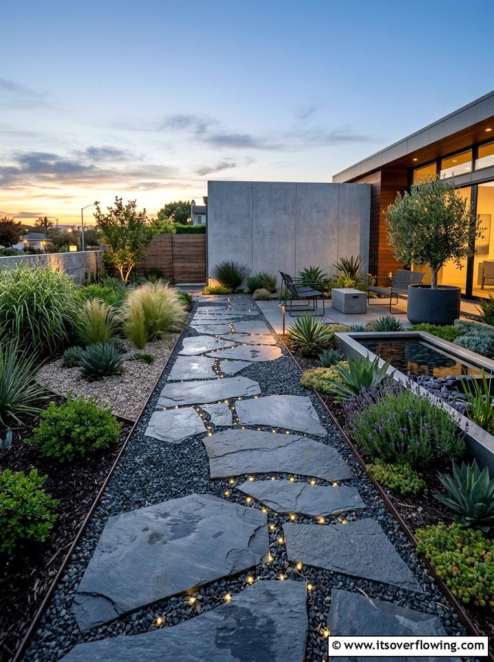 Modern garden with stone pathway lighting - 25 creative garden ideas with fairy light pathways