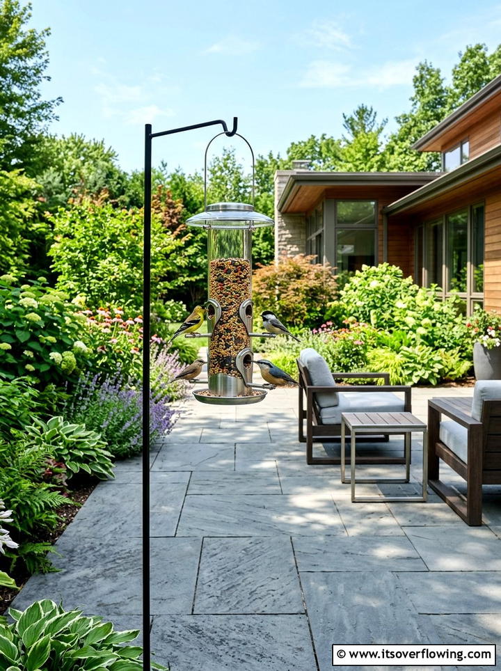 Modern glass bird feeder on patio - 25 garden ideas with bird feeders