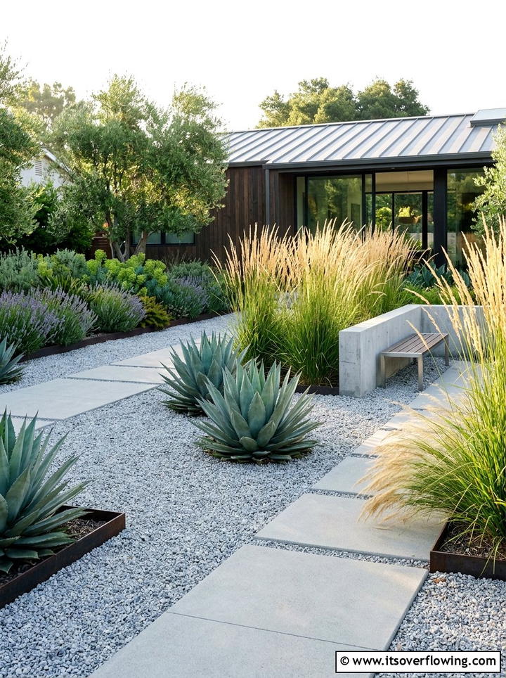 Modern gravel garden - 25 creative garden ideas with minimal planting palette