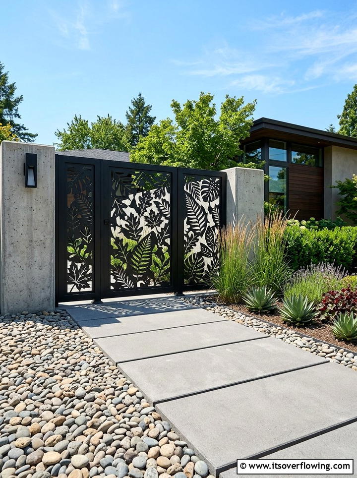 Modern metal gate with laser cut patterns - 25 garden decor ideas with gate decorations