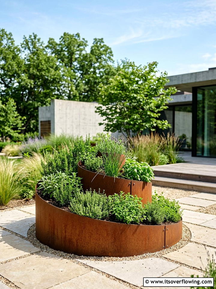 Modern metal herb spiral - 25 garden ideas with herb spirals