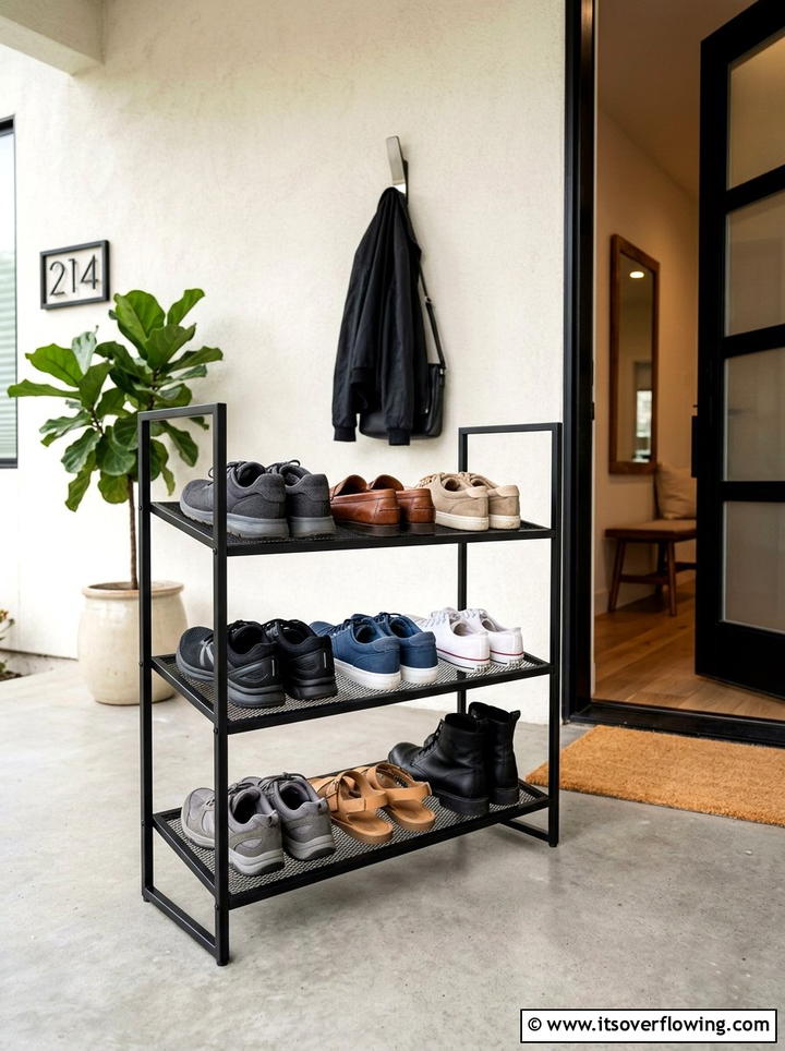 Modern metal tiered shoe organizer - 25 front porch ideas with shoe storage