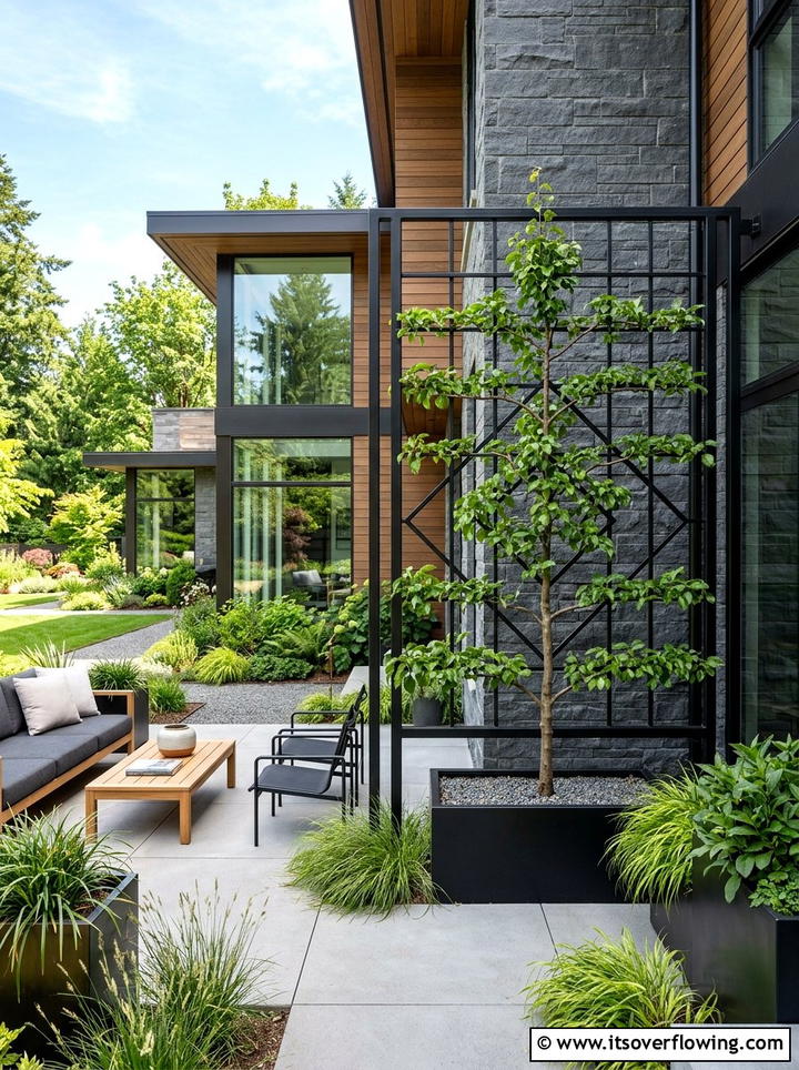 Modern metal trellis espalier - 25 creative garden ideas with espalier trees
