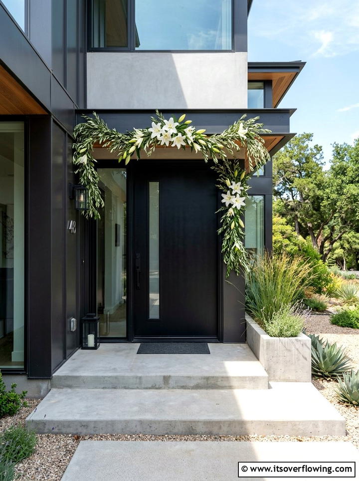 Modern minimal floral porch garland - 25 front porch ideas with floral garland