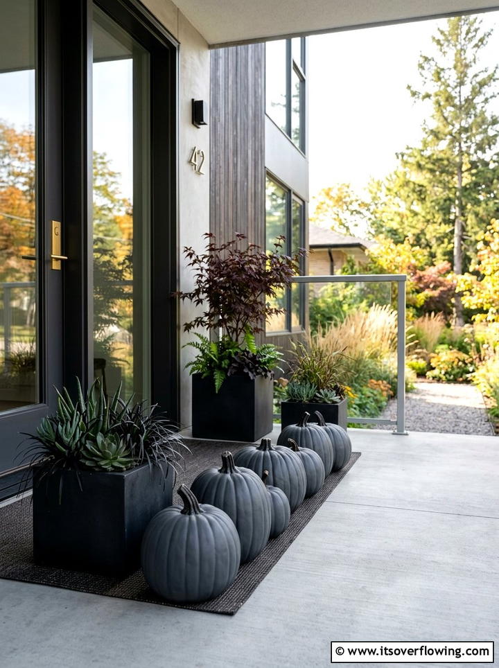 Modern minimalist pumpkin setup - 25 front porch decor ideas with fake pumpkins