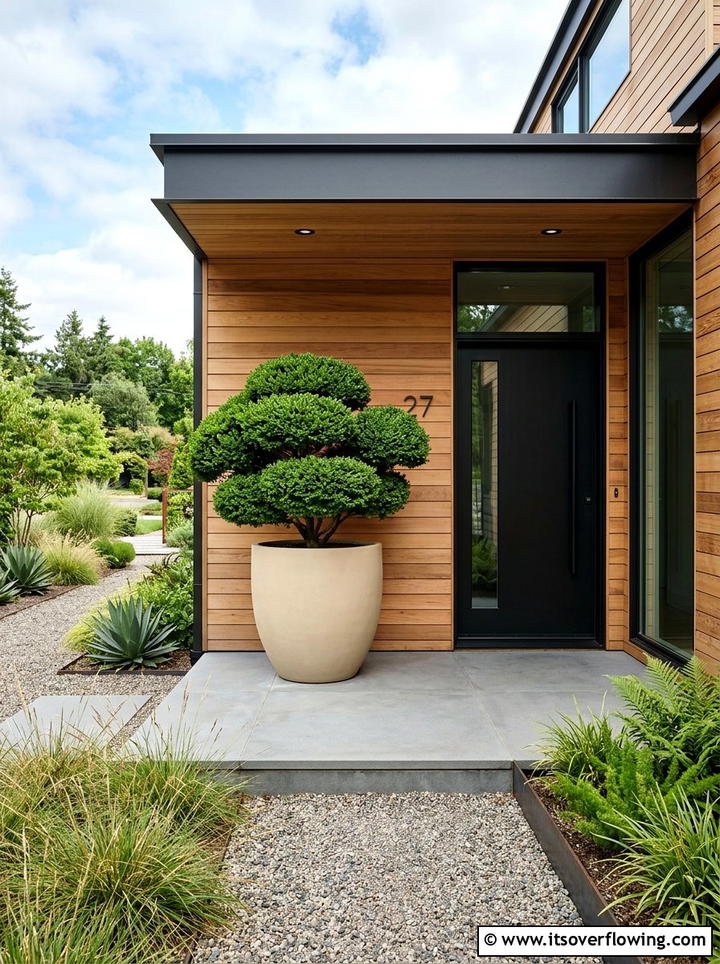 Modern minimalist topiary porch setup - 25 front porch decor ideas with topiaries