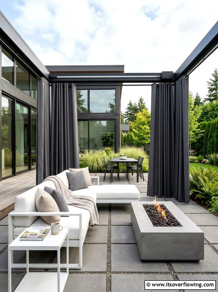 Modern patio with motorized curtains - 25 backyard decorating ideas with outdoor curtains