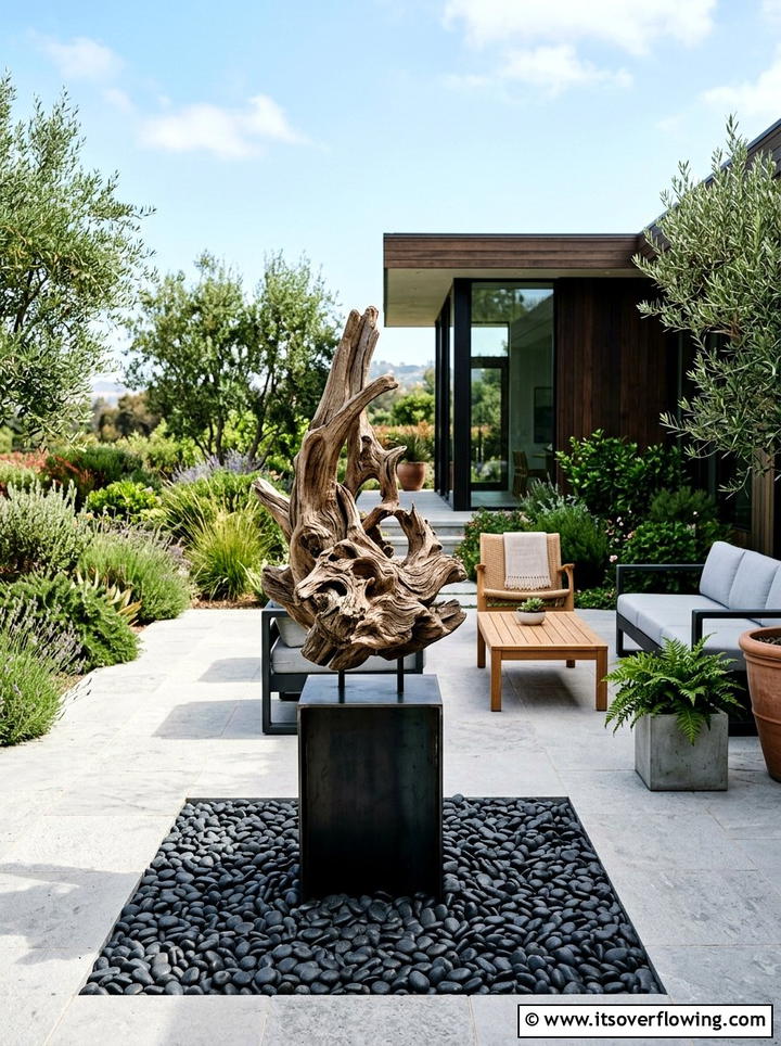 Modern patio with sculptural wood - 25 garden ideas with driftwood sculptures