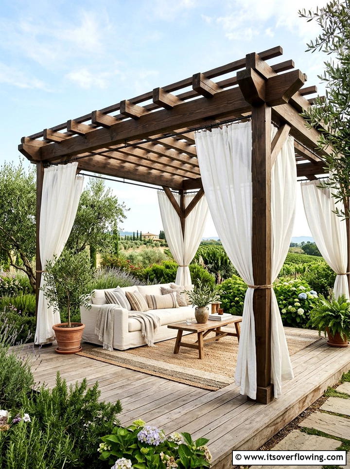 Modern pergola with curtains - 25 backyard decorating ideas with cozy lounge setup