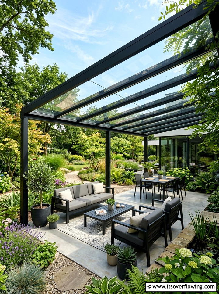Modern pergola with glass roof - 25 garden ideas with pergola