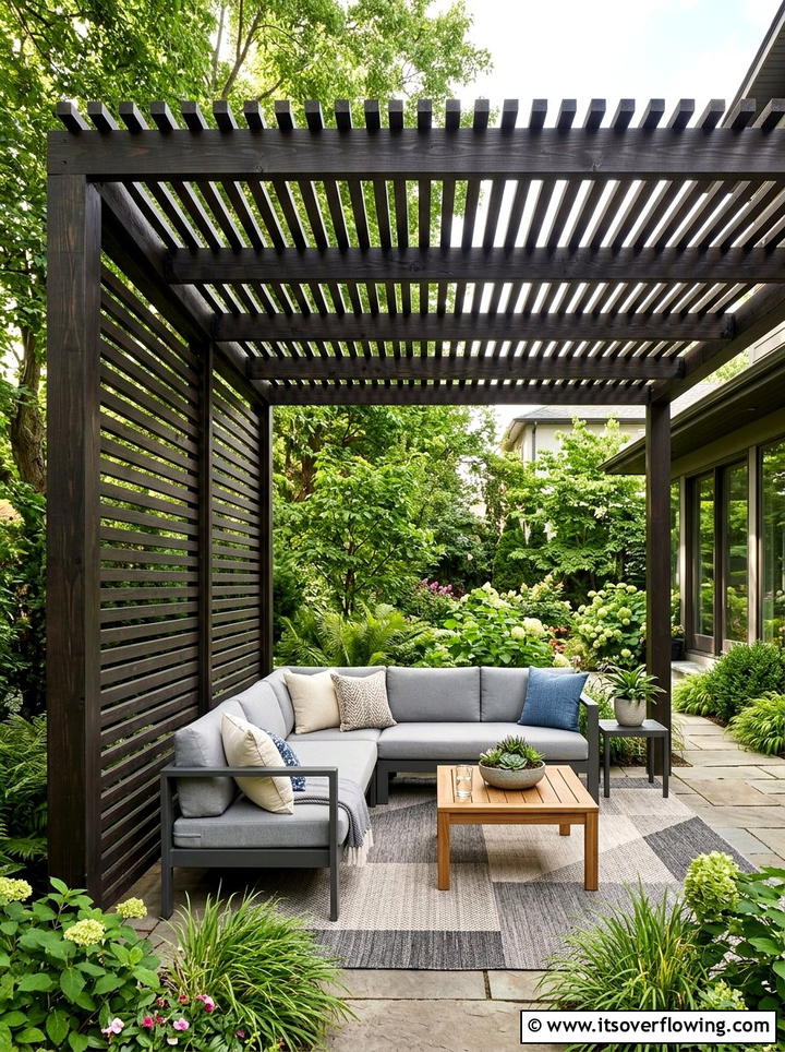 Modern slatted pergola with privacy screen - 25 garden ideas with pergola