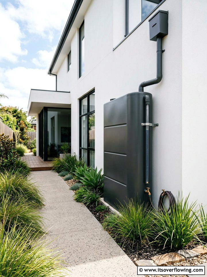 Modern sleek vertical rain tank - 25 creative garden ideas with rain barrel displays