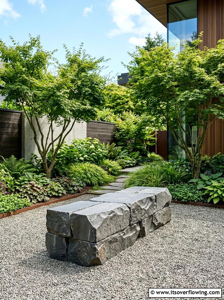 Modern stone block bench - 25 backyard ideas with stone seating