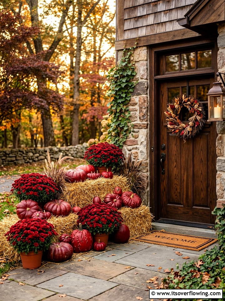 Monochromatic Fall Theme - 25 front porch decor ideas with mums and hay bales