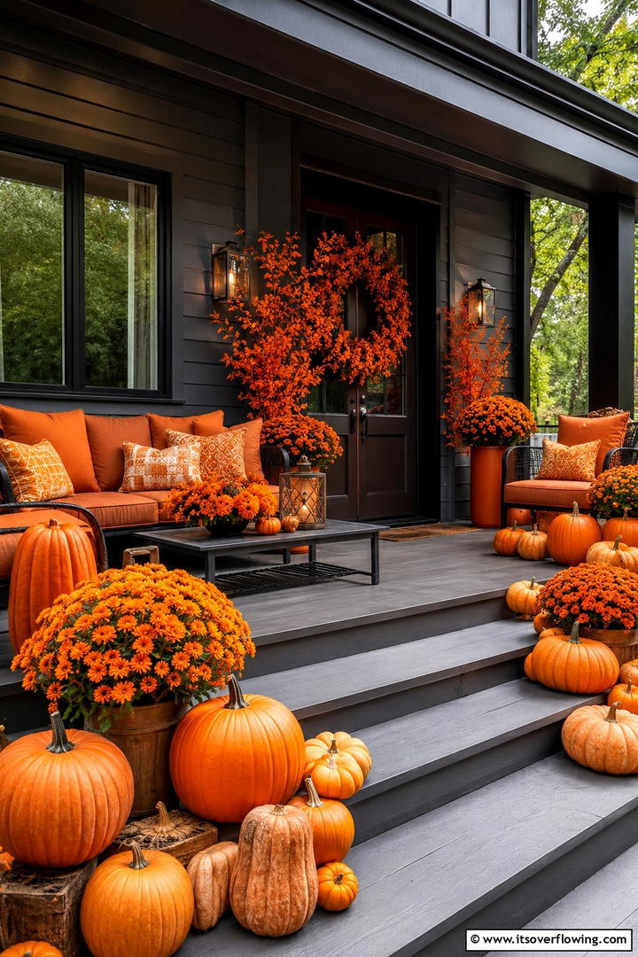 Monochromatic Orange Theme - 50 Modern Fall Porch Decor Ideas Roundup- Warm Welcomes