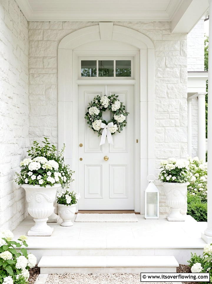 Monochromatic White Entryway - 25 front porch decor ideas with hydrangea wreath