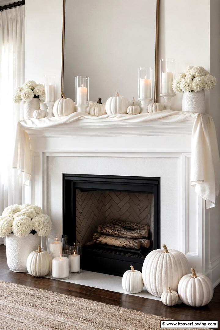 Monochromatic White Fall Theme - 50 Fall Fireplace Decor Ideas to Warm Autumn Gatherings