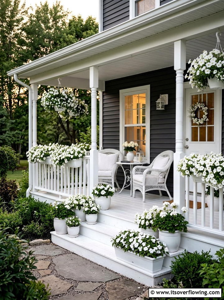 Monochromatic White Flower Porch - 25 front porch ideas with flowers