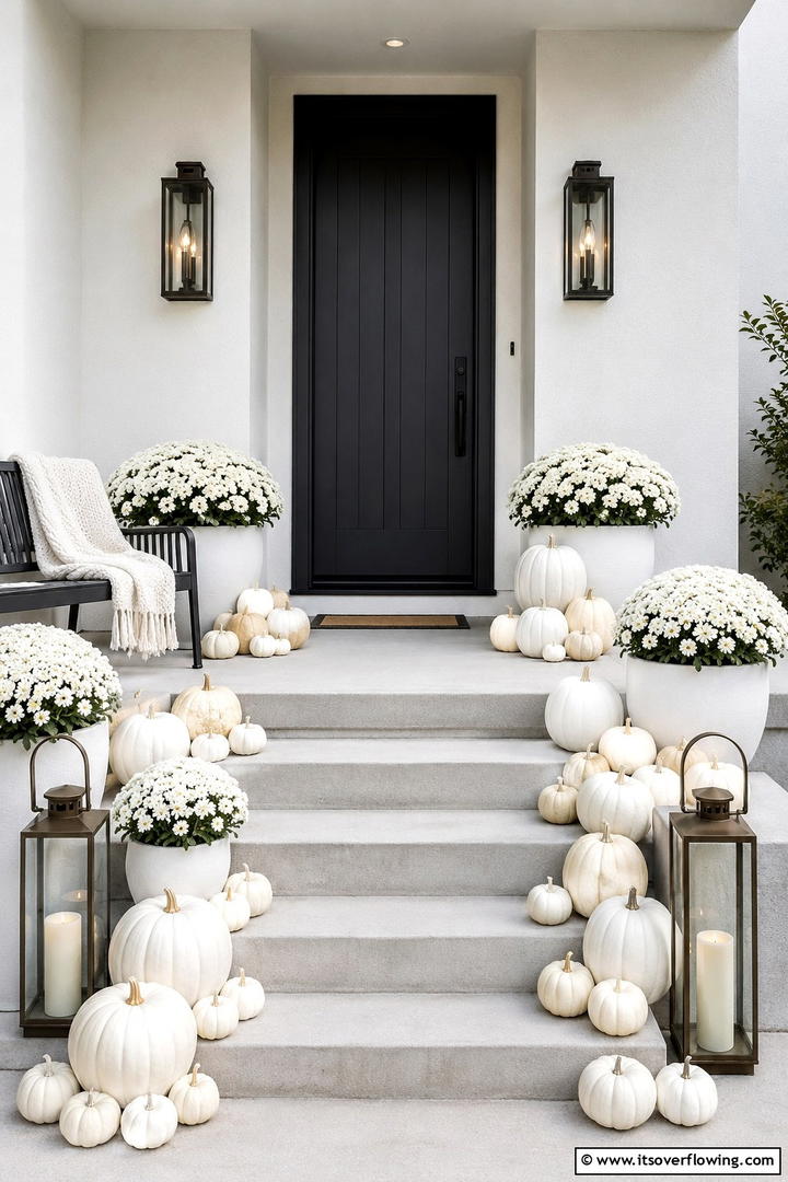 Monochromatic White Pumpkin Display - 50 Modern Fall Porch Decor Ideas Roundup- Warm Welcomes
