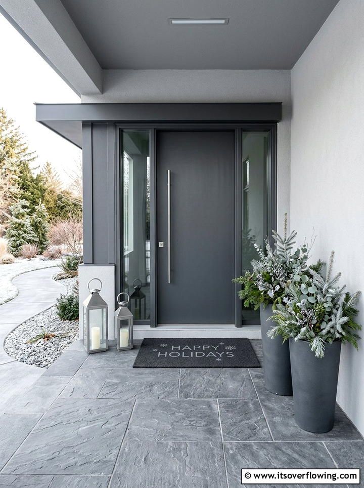 Monochromatic gray porch design - 25 front porch ideas with holiday doormat