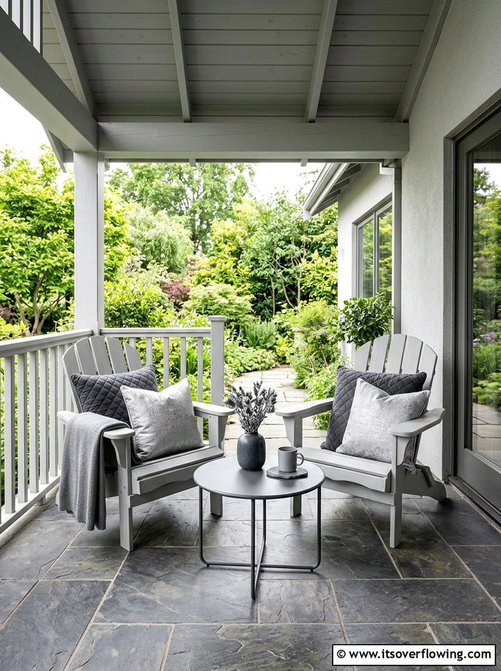 Monochromatic grey porch decor with soft textures - 25 front porch decor ideas with pillows